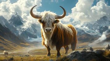 Majestic yak stands on vast Tibetan plateau grassland with snow-capped mountains backdrop, showcasing curved horns and fluffy brown fur in pristine wilderness setting. epic photo