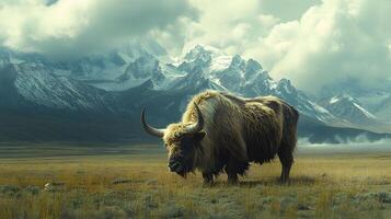 Majestic yak stands on vast Tibetan plateau grassland with snow-capped mountains backdrop, showcasing curved horns and fluffy brown fur in pristine wilderness setting. yak photo