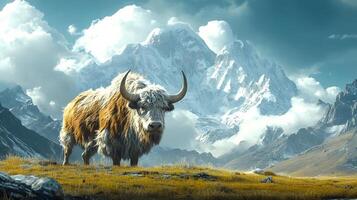 Majestic yak stands on vast Tibetan plateau grassland with snow-capped mountains backdrop, showcasing curved horns and fluffy brown fur in pristine wilderness setting. mountains photo