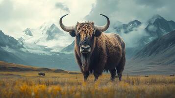 Majestic yak stands on vast Tibetan plateau grassland with snow-capped mountains backdrop, showcasing curved horns and fluffy brown fur in pristine wilderness setting. snow photo