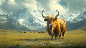 Majestic yak stands on vast Tibetan plateau grassland with snow-capped mountains backdrop, showcasing curved horns and fluffy brown fur in pristine wilderness setting. terrain photo