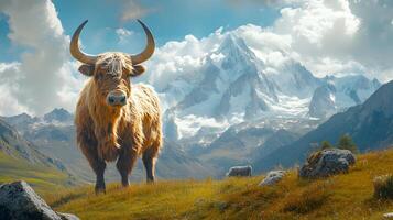 Majestic yak stands on vast Tibetan plateau grassland with snow-capped mountains backdrop, showcasing curved horns and fluffy brown fur in pristine wilderness setting. plateau photo