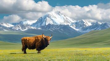 Majestic yak stands on vast Tibetan plateau grassland with snow-capped mountains backdrop, showcasing curved horns and fluffy brown fur in pristine wilderness setting. grazing photo