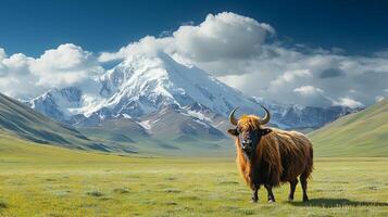 Majestic yak stands on vast Tibetan plateau grassland with snow-capped mountains backdrop, showcasing curved horns and fluffy brown fur in pristine wilderness setting. grassland photo