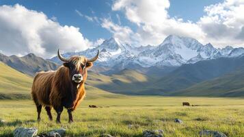 Majestic yak stands on vast Tibetan plateau grassland with snow-capped mountains backdrop, showcasing curved horns and fluffy brown fur in pristine wilderness setting. fur photo