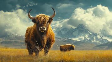 Majestic yak stands on vast Tibetan plateau grassland with snow-capped mountains backdrop, showcasing curved horns and fluffy brown fur in pristine wilderness setting. sunlight photo
