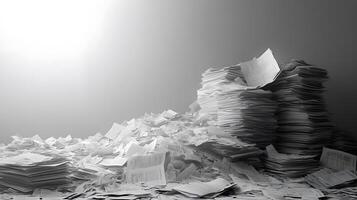 Messy stack of bills and invoices creates chaotic heap of white office papers and financial statements, showing administrative clutter against clean background. stack photo
