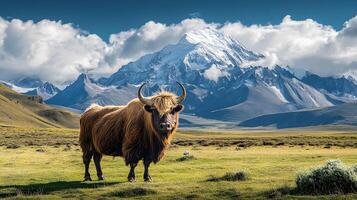 Majestic yak stands on vast Tibetan plateau grassland with snow-capped mountains backdrop, showcasing curved horns and fluffy brown fur in pristine wilderness setting. horns photo