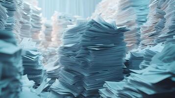 Messy stack of bills and invoices creates chaotic heap of white office papers and financial statements, showing administrative clutter against clean background. chaotic photo