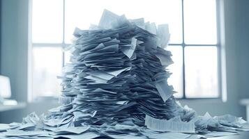 Messy stack of bills and invoices creates chaotic heap of white office papers and financial statements, showing administrative clutter against clean background. heap photo