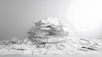 Messy stack of bills and invoices creates chaotic heap of white office papers and financial statements, showing administrative clutter against clean background. bureaucracy photo