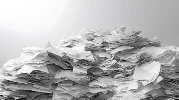 Messy stack of bills and invoices creates chaotic heap of white office papers and financial statements, showing administrative clutter against clean background. archives photo
