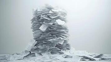 Messy stack of bills and invoices creates chaotic heap of white office papers and financial statements, showing administrative clutter against clean background. commercial photo