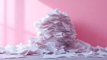 Messy stack of bills and invoices creates chaotic heap of white office papers and financial statements, showing administrative clutter against clean background. data photo
