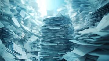 Messy stack of bills and invoices creates chaotic heap of white office papers and financial statements, showing administrative clutter against clean background. deadline photo