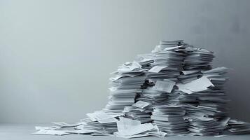 Messy stack of bills and invoices creates chaotic heap of white office papers and financial statements, showing administrative clutter against clean background. correspondence photo