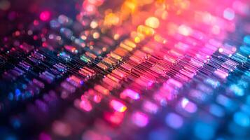 Silicon wafer displays iridescent rainbow colors across holographic surface, featuring detailed circuit patterns and metallic reflections in professional lighting. engineering photo
