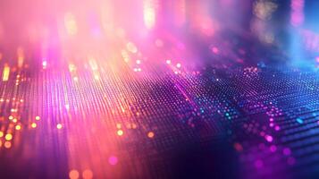 Silicon wafer displays iridescent rainbow colors across holographic surface, featuring detailed circuit patterns and metallic reflections in professional lighting. electronic photo