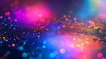 Silicon wafer displays iridescent rainbow colors across holographic surface, featuring detailed circuit patterns and metallic reflections in professional lighting. hardware photo