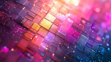 Silicon wafer displays iridescent rainbow colors across holographic surface, featuring detailed circuit patterns and metallic reflections in professional lighting. silicon photo