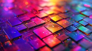Silicon wafer displays iridescent rainbow colors across holographic surface, featuring detailed circuit patterns and metallic reflections in professional lighting. semiconductor photo