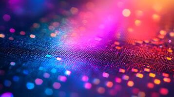 Silicon wafer displays iridescent rainbow colors across holographic surface, featuring detailed circuit patterns and metallic reflections in professional lighting. colors photo