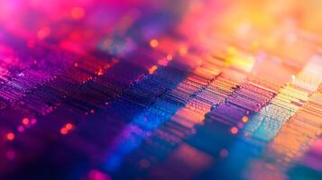 Silicon wafer displays iridescent rainbow colors across holographic surface, featuring detailed circuit patterns and metallic reflections in professional lighting. wafer photo