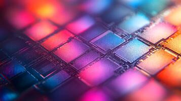 Silicon wafer displays iridescent rainbow colors across holographic surface, featuring detailed circuit patterns and metallic reflections in professional lighting. iridescent photo