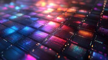 Silicon wafer displays iridescent rainbow colors across holographic surface, featuring detailed circuit patterns and metallic reflections in professional lighting. rainbow photo