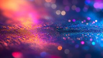 Silicon wafer displays iridescent rainbow colors across holographic surface, featuring detailed circuit patterns and metallic reflections in professional lighting. circuit photo