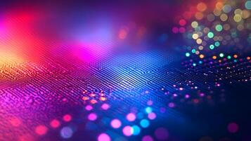 Silicon wafer displays iridescent rainbow colors across holographic surface, featuring detailed circuit patterns and metallic reflections in professional lighting. pattern photo