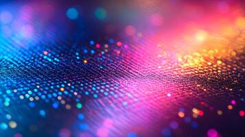 Silicon wafer displays iridescent rainbow colors across holographic surface, featuring detailed circuit patterns and metallic reflections in professional lighting. metallic photo
