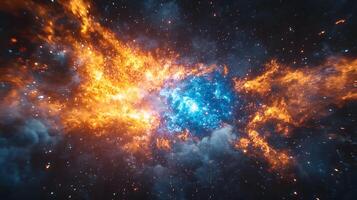 Spectacular supernova explosion illuminates deep space with blue and orange nebula colors, showcasing stellar collision amid star clusters and interstellar dust in cosmic energy burst. explosion photo