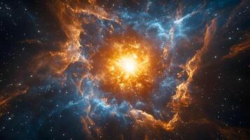 Spectacular supernova explosion illuminates deep space with blue and orange nebula colors, showcasing stellar collision amid star clusters and interstellar dust in cosmic energy burst. supernova photo
