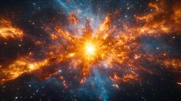 Spectacular supernova explosion illuminates deep space with blue and orange nebula colors, showcasing stellar collision amid star clusters and interstellar dust in cosmic energy burst. cosmic photo