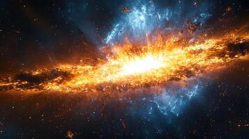 Spectacular supernova explosion illuminates deep space with blue and orange nebula colors, showcasing stellar collision amid star clusters and interstellar dust in cosmic energy burst. nebula photo