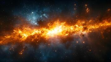 Spectacular supernova explosion illuminates deep space with blue and orange nebula colors, showcasing stellar collision amid star clusters and interstellar dust in cosmic energy burst. space photo