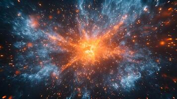 Spectacular supernova explosion illuminates deep space with blue and orange nebula colors, showcasing stellar collision amid star clusters and interstellar dust in cosmic energy burst. galactic photo