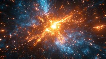 Spectacular supernova explosion illuminates deep space with blue and orange nebula colors, showcasing stellar collision amid star clusters and interstellar dust in cosmic energy burst. light photo