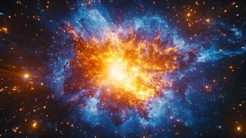 Spectacular supernova explosion illuminates deep space with blue and orange nebula colors, showcasing stellar collision amid star clusters and interstellar dust in cosmic energy burst. stellar photo