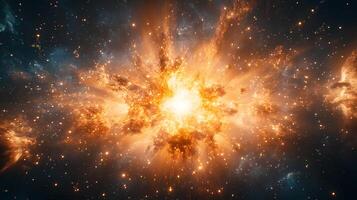 Spectacular supernova explosion illuminates deep space with blue and orange nebula colors, showcasing stellar collision amid star clusters and interstellar dust in cosmic energy burst. celestial photo
