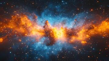 Spectacular supernova explosion illuminates deep space with blue and orange nebula colors, showcasing stellar collision amid star clusters and interstellar dust in cosmic energy burst. ethereal photo