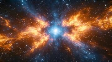 Spectacular supernova explosion illuminates deep space with blue and orange nebula colors, showcasing stellar collision amid star clusters and interstellar dust in cosmic energy burst. dust photo
