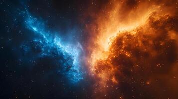 Spectacular supernova explosion illuminates deep space with blue and orange nebula colors, showcasing stellar collision amid star clusters and interstellar dust in cosmic energy burst. quantum photo