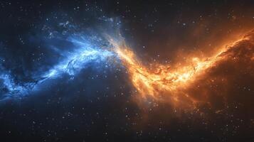 Spectacular supernova explosion illuminates deep space with blue and orange nebula colors, showcasing stellar collision amid star clusters and interstellar dust in cosmic energy burst. interstellar photo