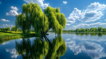 Weeping willow trees drape gracefully over tranquil riverbank, their flowing branches reflected perfectly in water beneath blue sky with white clouds on summer day. botanical photo