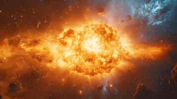 Spectacular supernova explosion illuminates deep space with blue and orange nebula colors, showcasing stellar collision amid star clusters and interstellar dust in cosmic energy burst. clusters photo