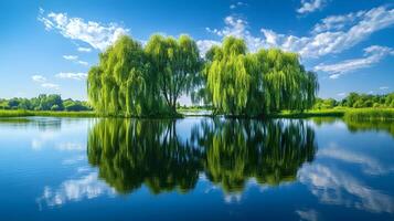 Weeping willow trees drape gracefully over tranquil riverbank, their flowing branches reflected perfectly in water beneath blue sky with white clouds on summer day. breeze photo