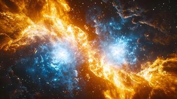 Spectacular supernova explosion illuminates deep space with blue and orange nebula colors, showcasing stellar collision amid star clusters and interstellar dust in cosmic energy burst. astronomy photo
