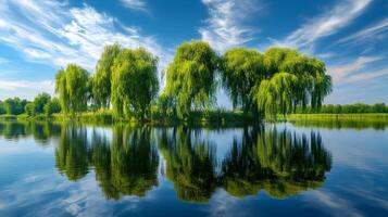 Weeping willow trees drape gracefully over tranquil riverbank, their flowing branches reflected perfectly in water beneath blue sky with white clouds on summer day. drooping photo